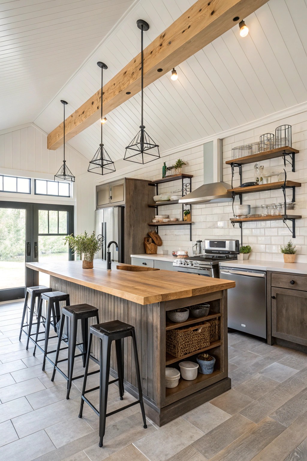An inviting kitchen blending industrial elements with farmhouse character.