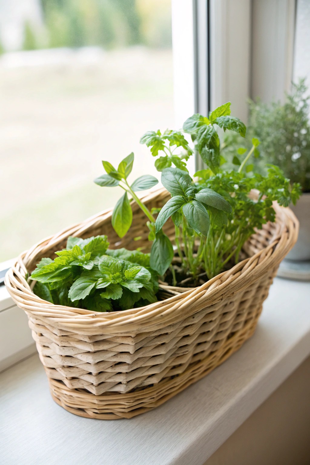 Simple beauty: a woven basket with fresh kitchen herbs on the windowsill.
