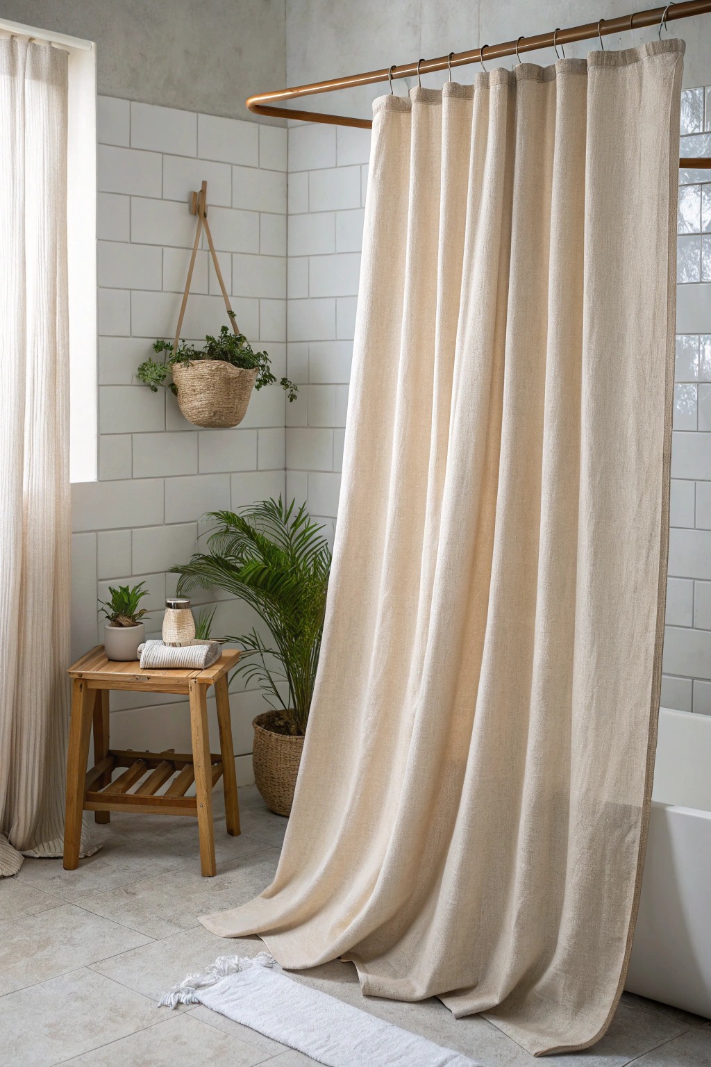 Serenity in simplicity: a neutral linen curtain transforms your bathroom into a tranquil retreat.
