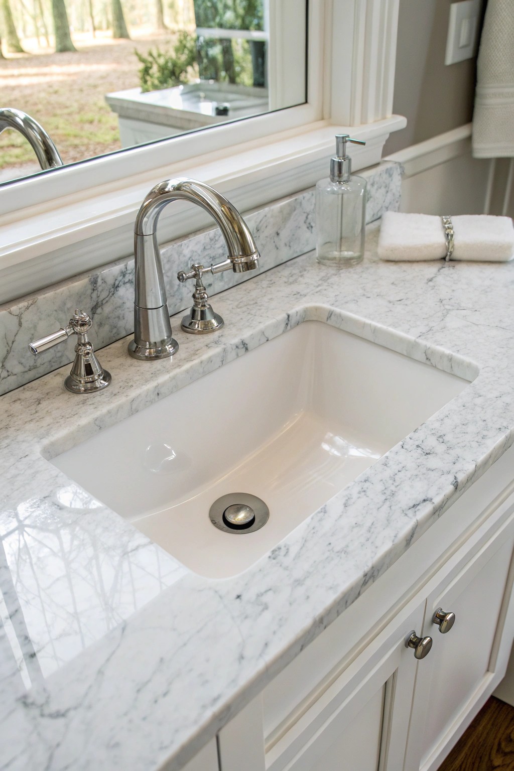 Undermount sinks blend into countertops for a clean, minimalist effect