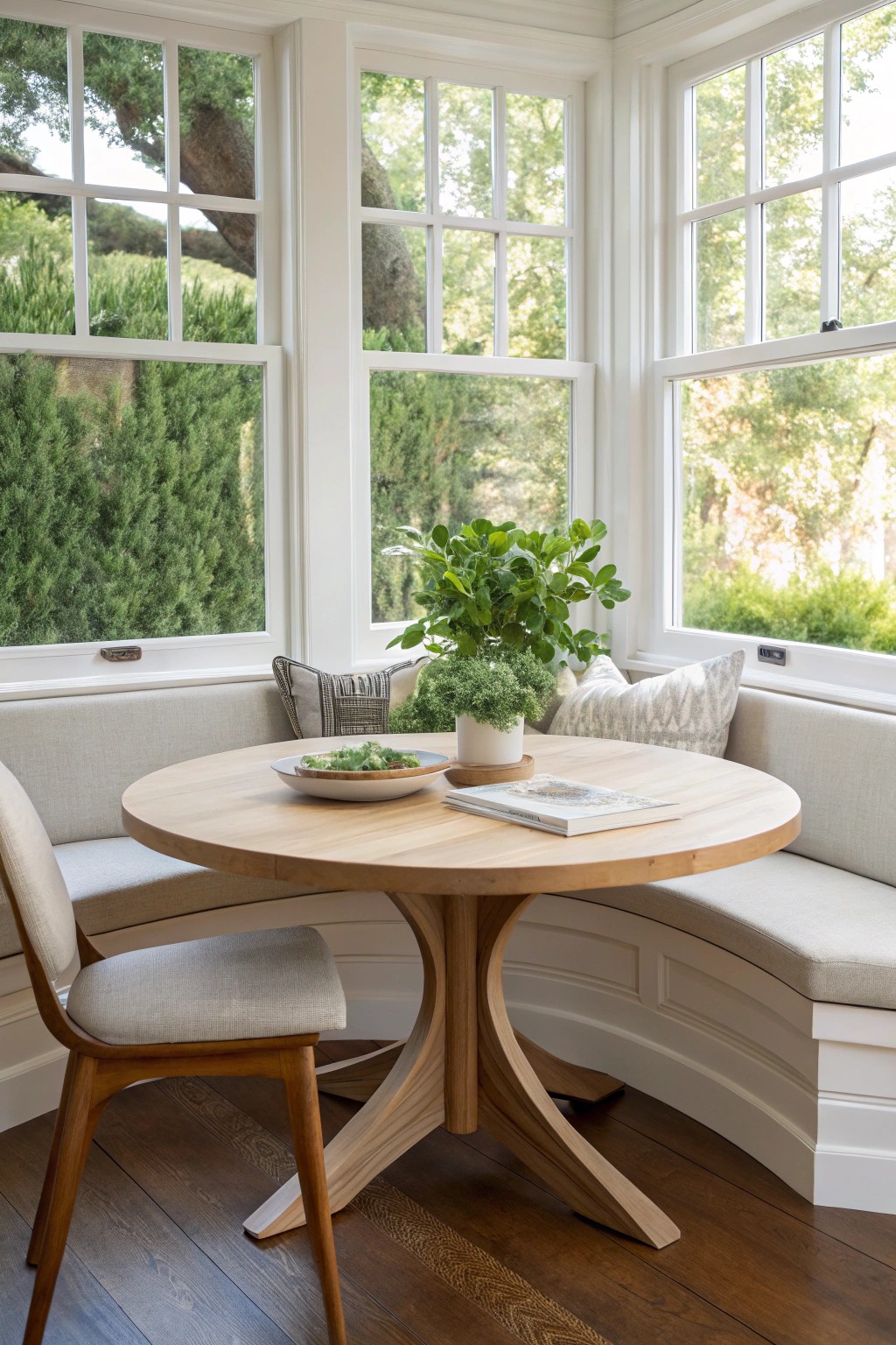 A sunlit round table transforms a bay window into the perfect spot for intimate dining.