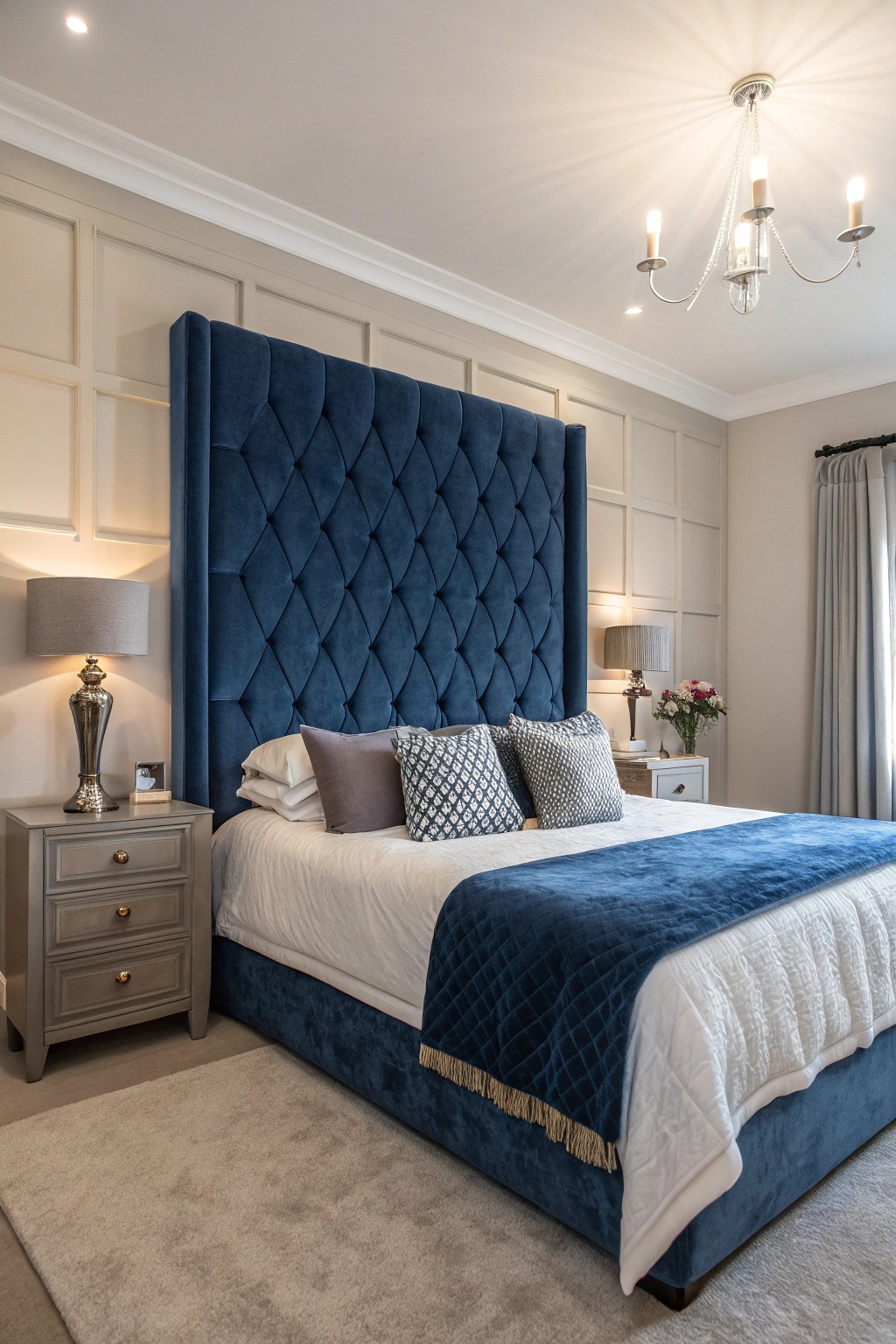 A statement headboard instantly elevates the romance factor.