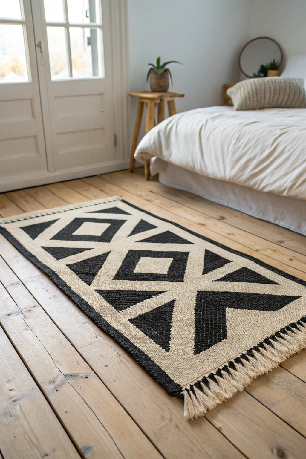 Transform your bedroom with a bold geometric statement rug—where simplicity meets striking design.