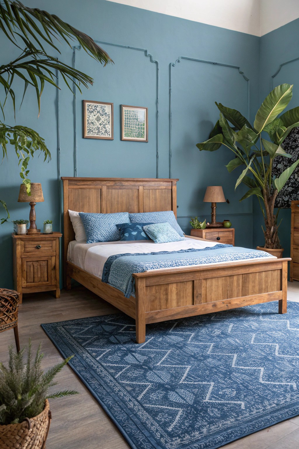 Natural wood elements harmonize beautifully with blue tones for a cozy, grounded feel.