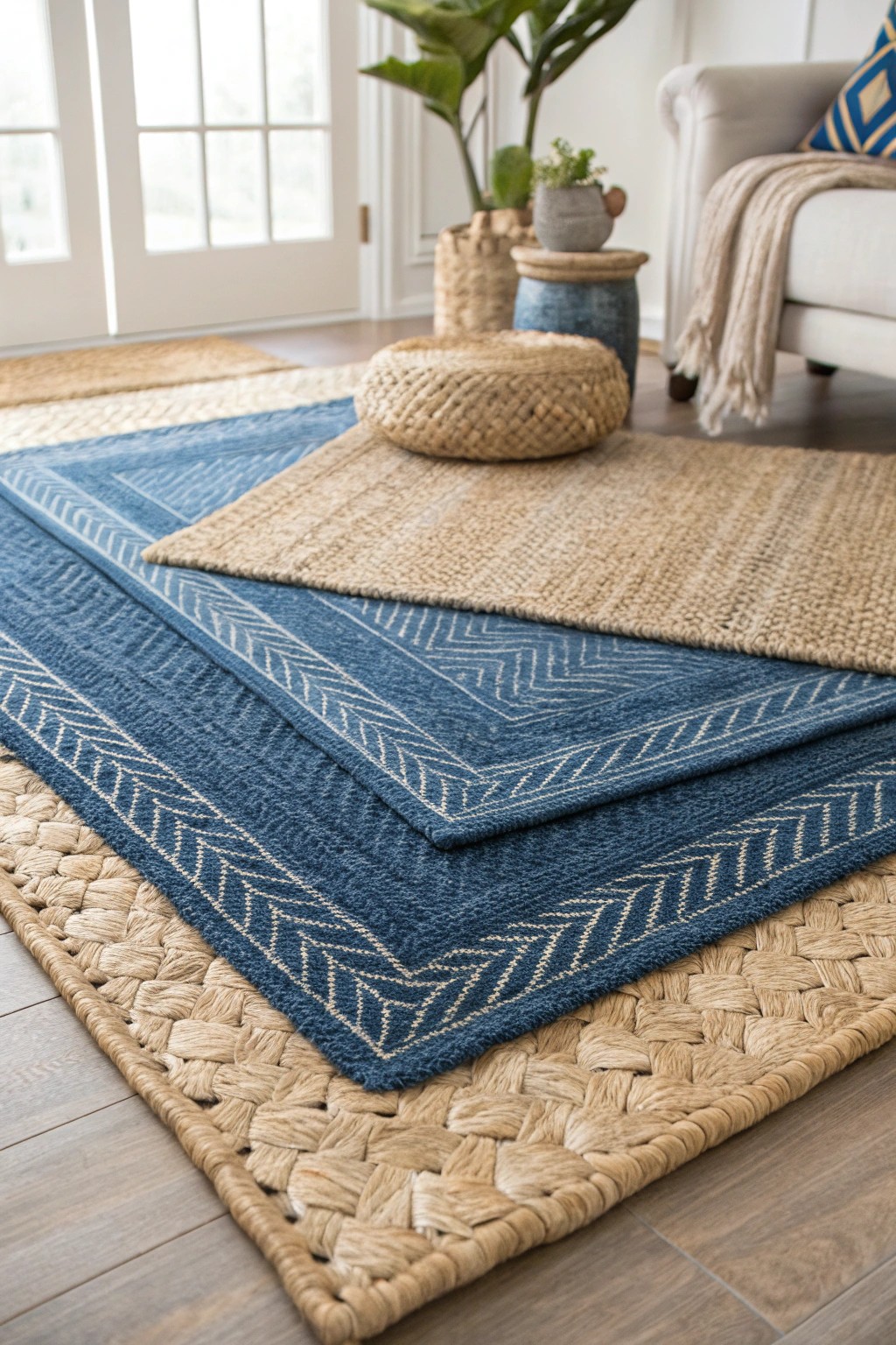 Layered blue rugs: effortless texture and natural elegance underfoot.