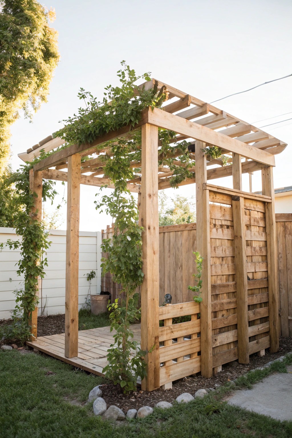 Transform wooden pallets into a charming, rustic pergola—simplicity meets natural beauty.