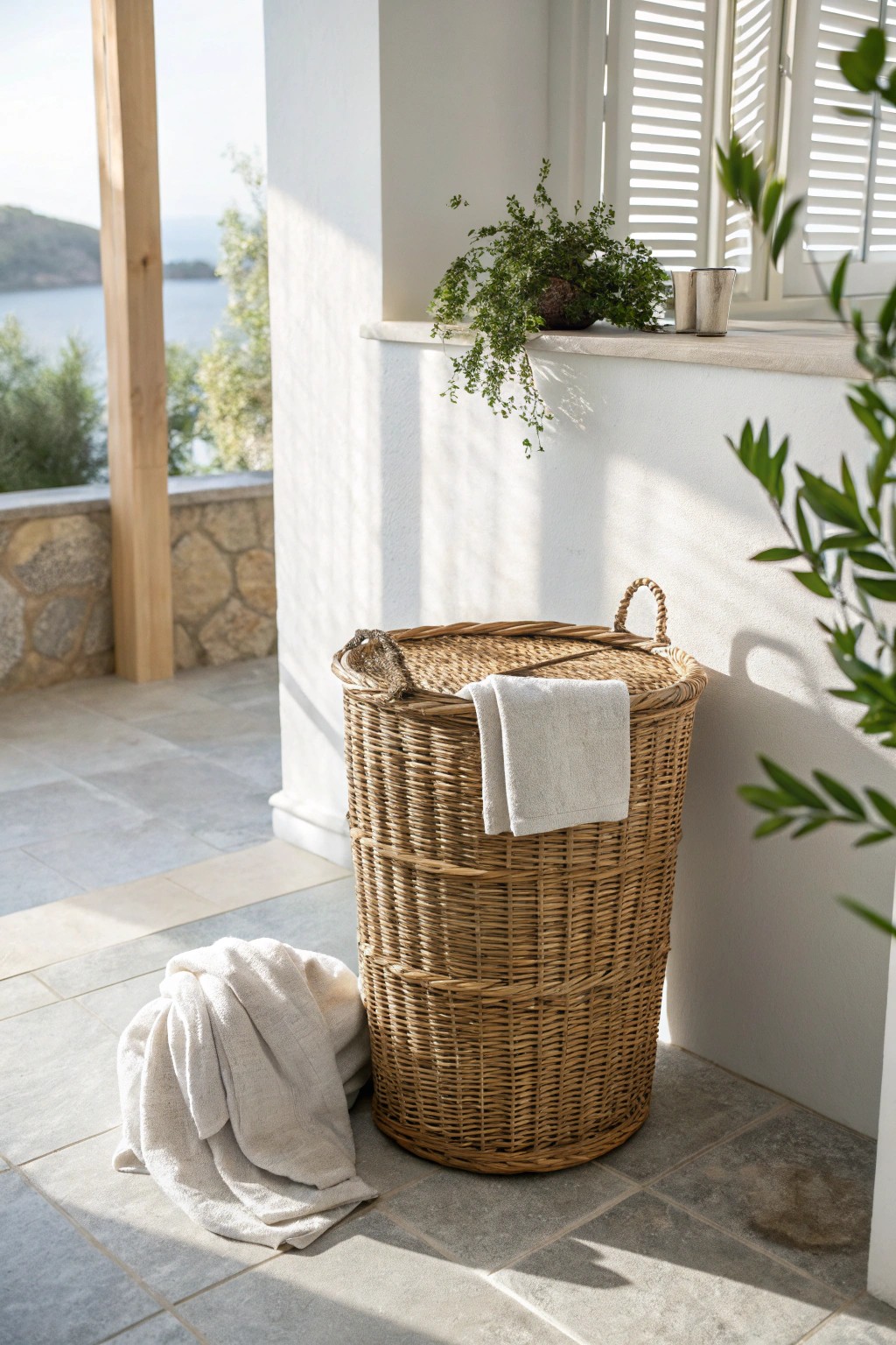 Effortless coastal charm: a handcrafted rattan hamper adds texture and warmth to a serene bathroom.