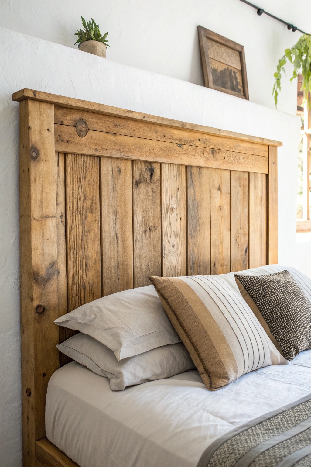 Elevate your bedroom with a DIY statement headboard crafted from reclaimed wood—simple, stunning, and uniquely yours.