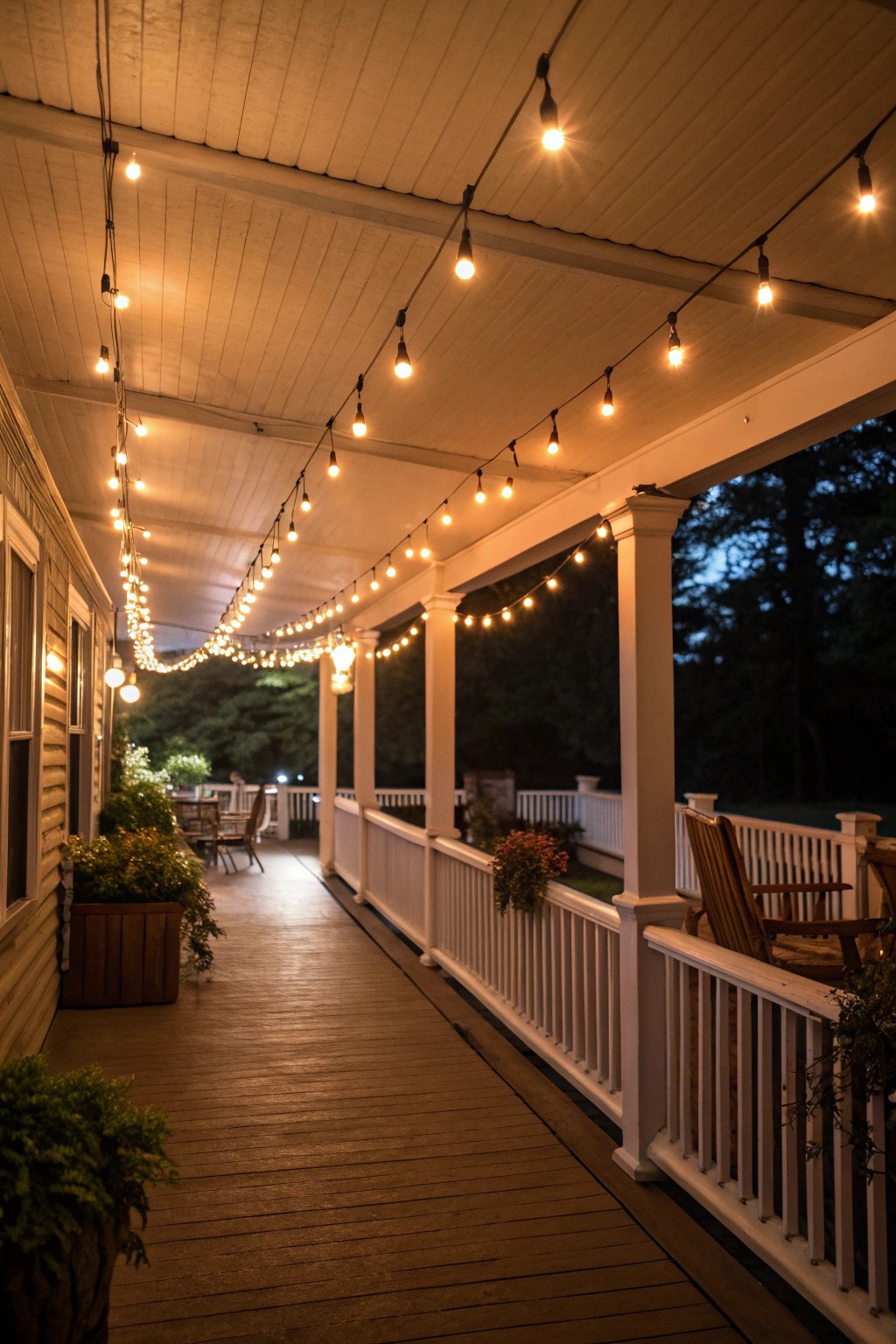 String lights add a dreamy, golden glow for perfect porch evenings.