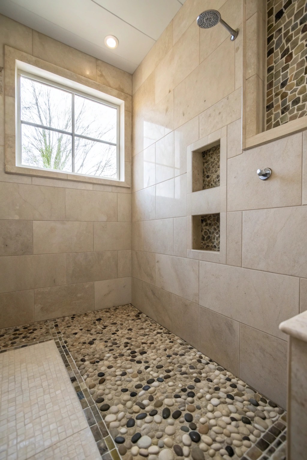 Natural stone mosaics add texture and spa-like comfort to the shower.