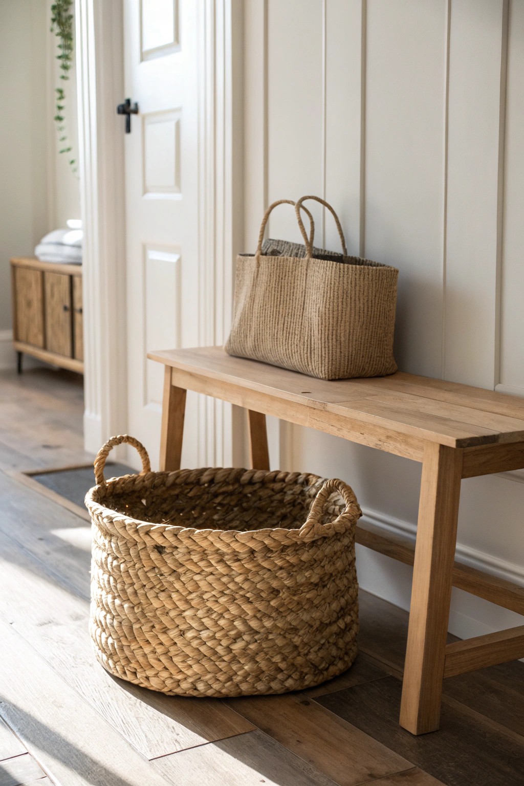 Effortless entryway style: a beautiful woven basket keeps clutter chicly tucked away.
