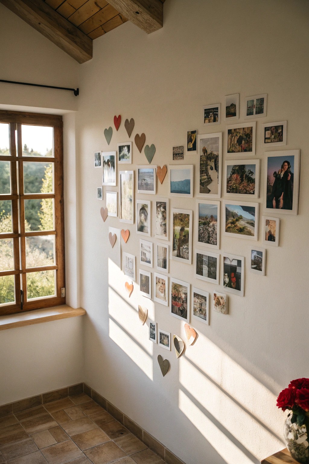 Create a heartwarming focal point with a handcrafted heart-shaped family photo collage.