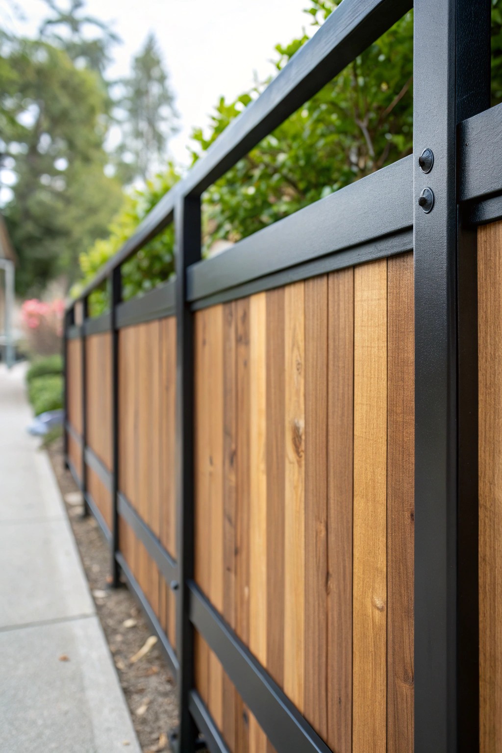 Modern curb appeal: natural wood meets matte black metal in a stunning, handcrafted fence design.