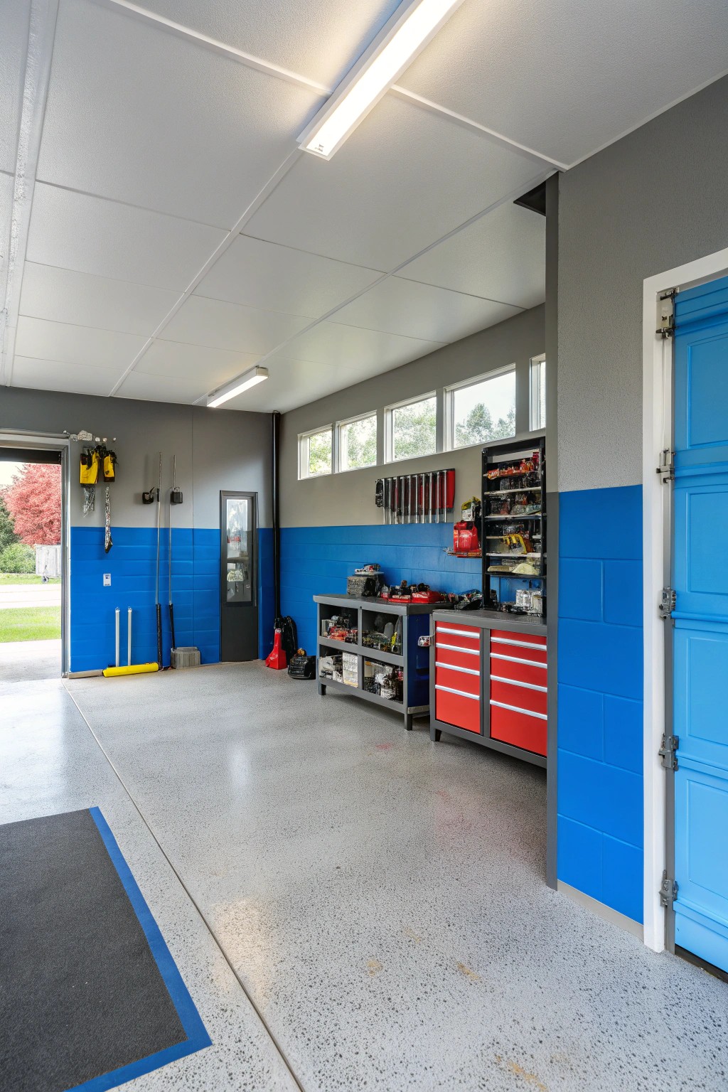 Color blocking helps organize and energize a multifunctional garage.