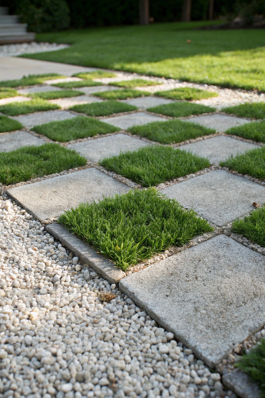 Chic checkerboard: Grass and gravel create a stunning, eco-friendly driveway.