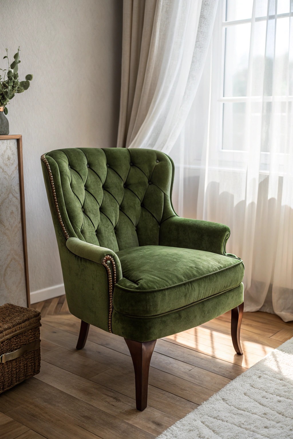 Elevate your bedroom with a statement piece: a moss-green velvet chair for timeless, natural charm.