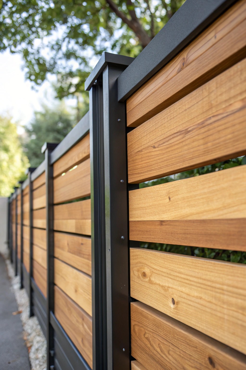 Modern elegance: Cedar and metal unite in a stunning horizontal fence.