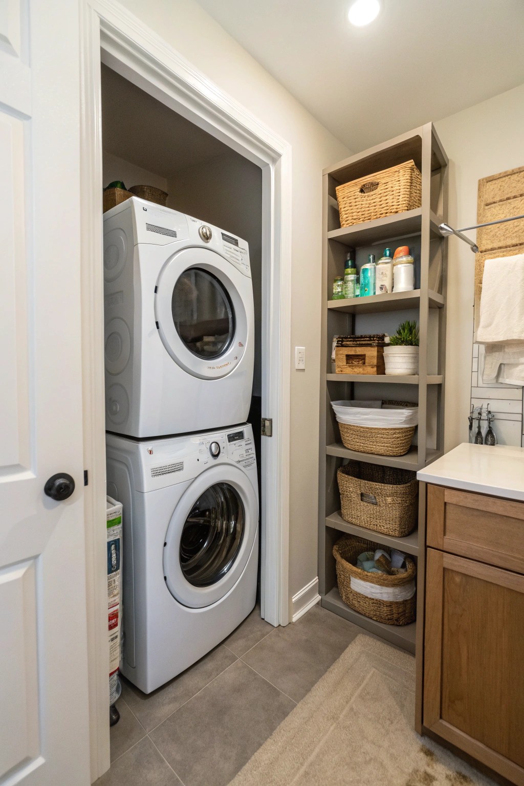 Stacked appliances make even the smallest laundry room feel spacious.