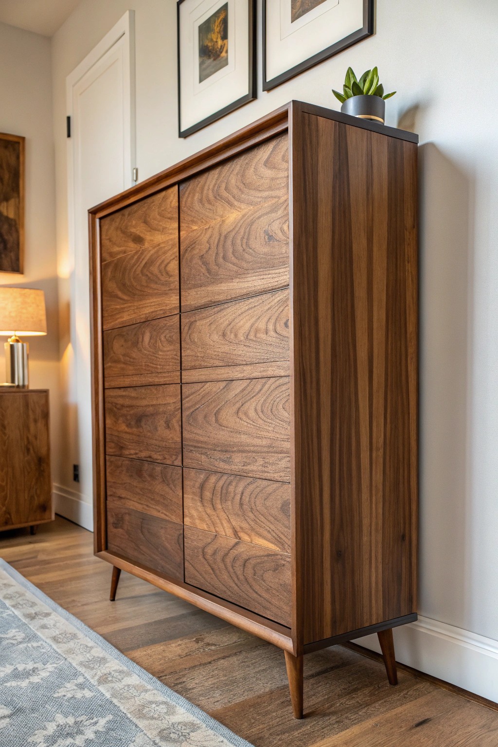 Elevate your living room with the natural warmth of mid-century modern wood paneling.