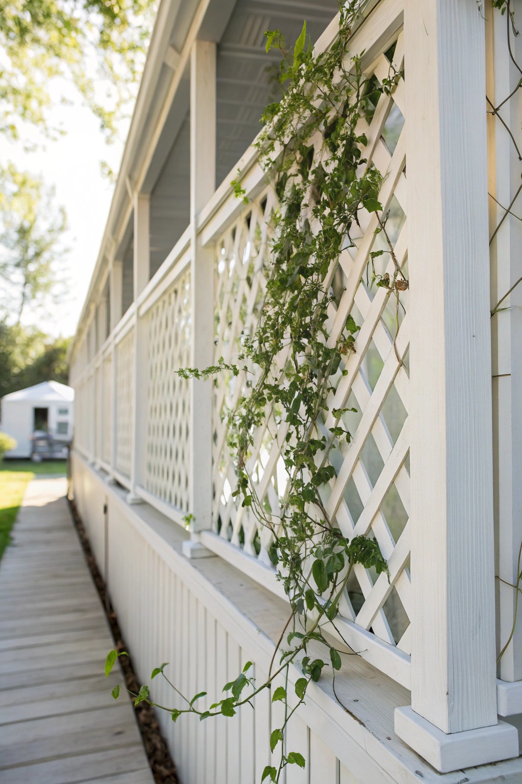 Charming lattice skirting, where craftsmanship meets cottage elegance.