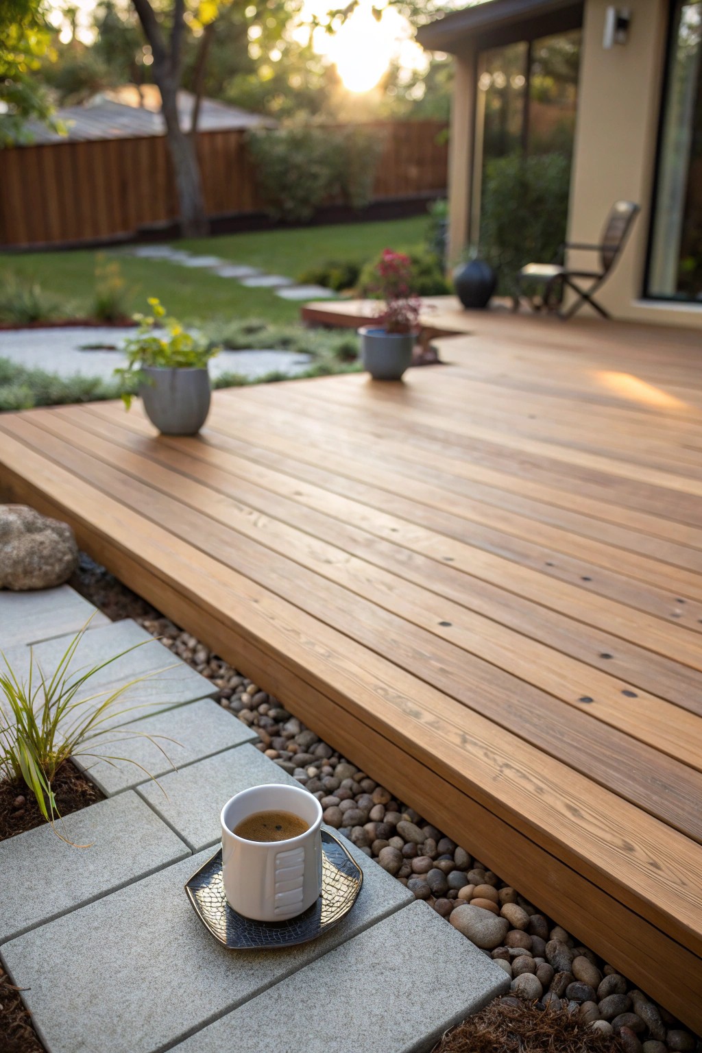 Savor quiet mornings on a beautifully crafted minimalist deck—effortless style, no grass required.