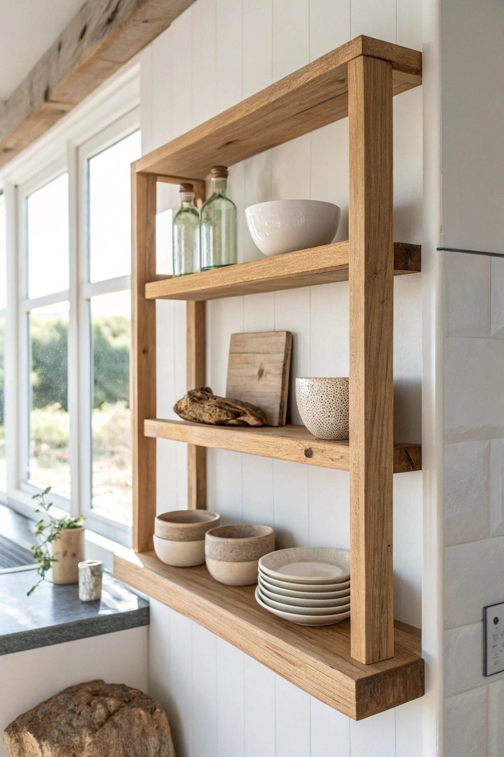 Natural wood open shelving—where coastal charm meets modern simplicity.