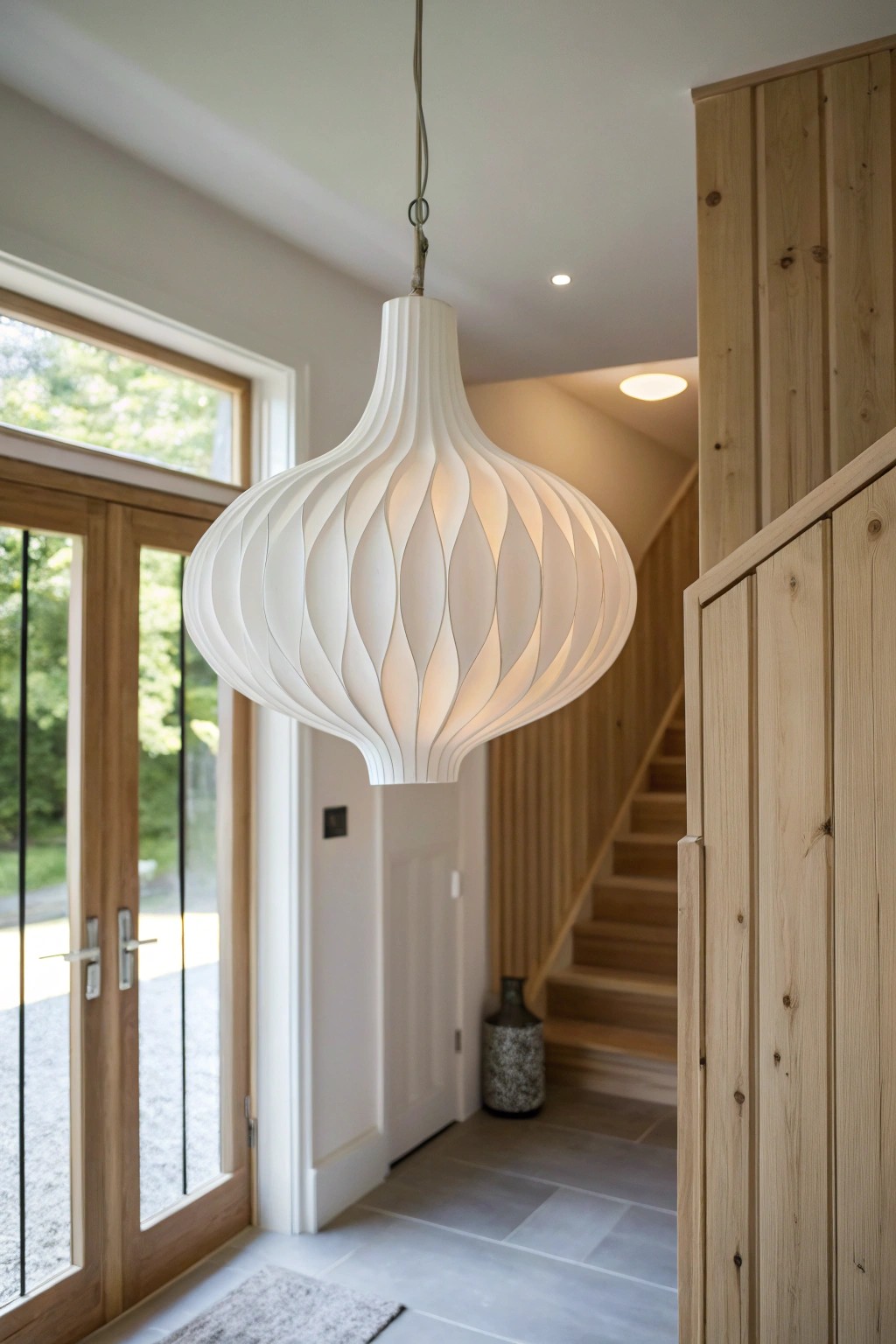 Let sculptural lighting set the tone—where function meets artful simplicity.