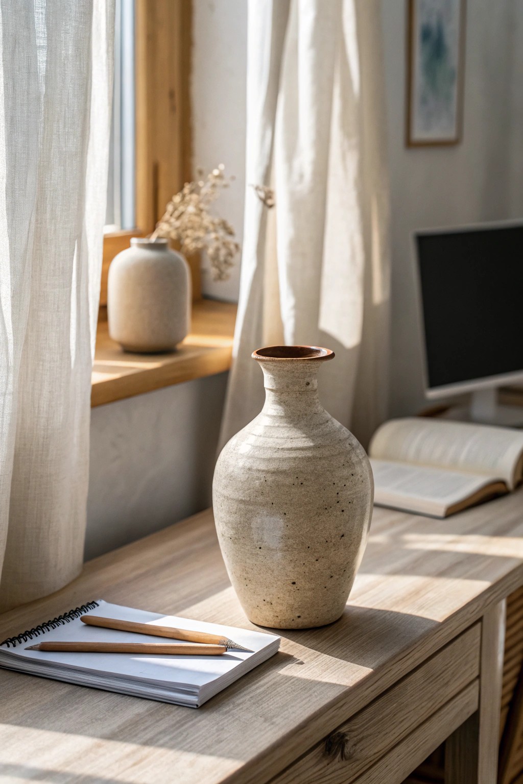 Serenity in simplicity—neutral tones and handcrafted beauty for your modern home office.