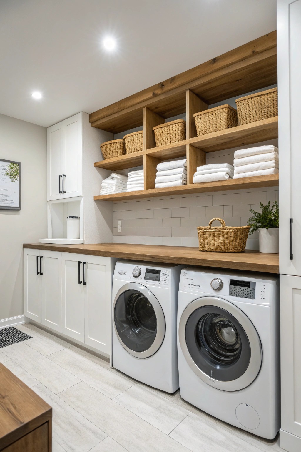 Natural wood tones infuse warmth and character into a modern laundry area.