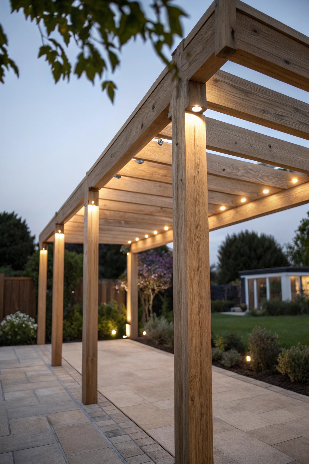 Modern pergola aglow—where craftsmanship meets cozy evening ambiance.