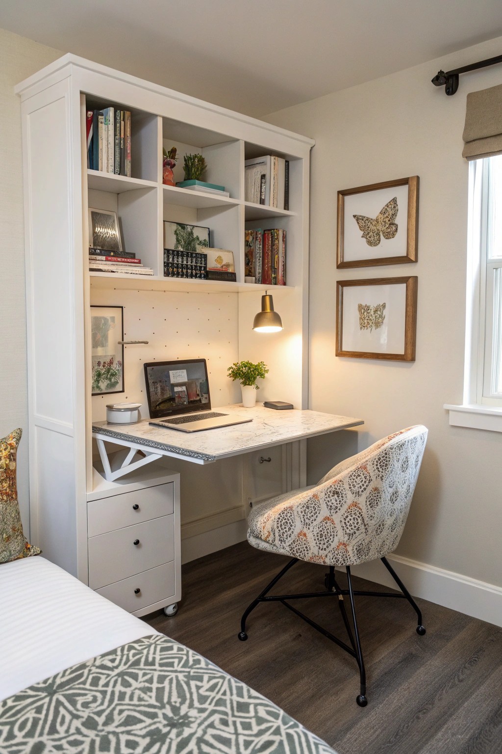 A convertible desk folds out only when you need it, keeping the room flexible.
