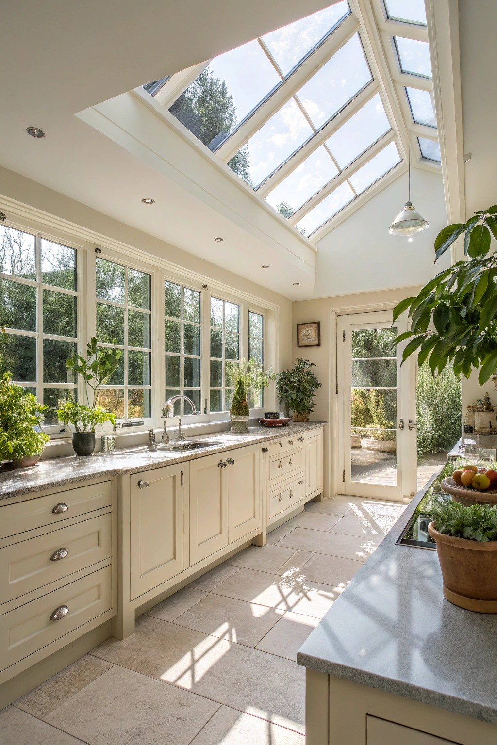 Expansive windows and skylights fill this open kitchen with energizing natural light.