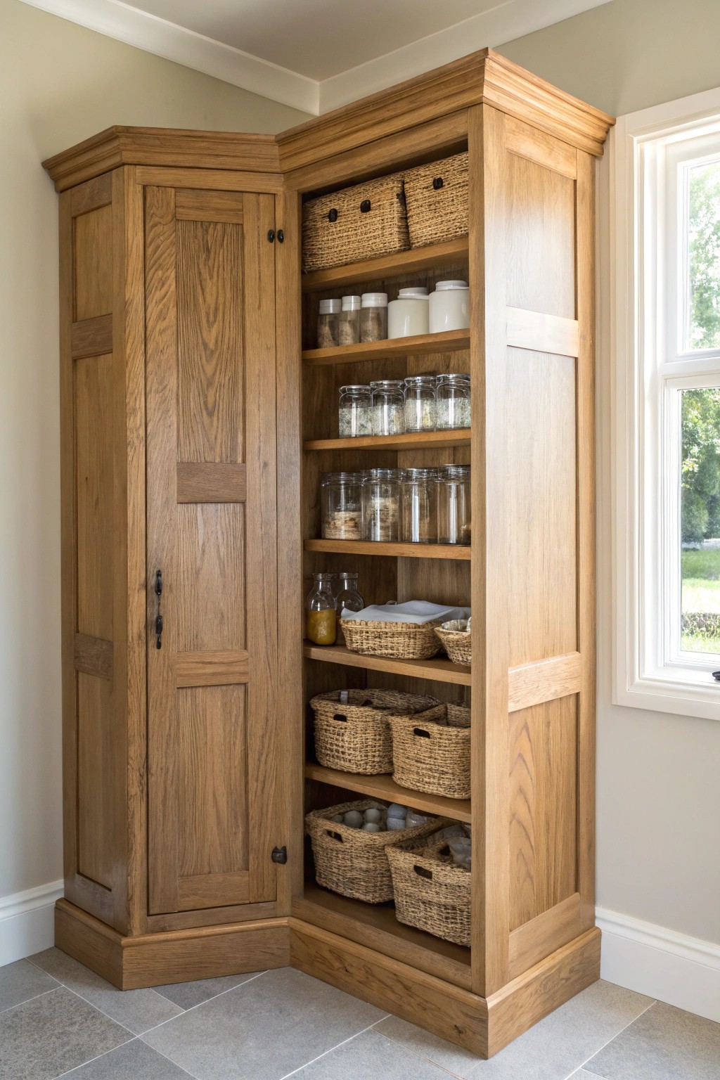 Transform your kitchen corner with a stunning, handcrafted pantry cabinet.