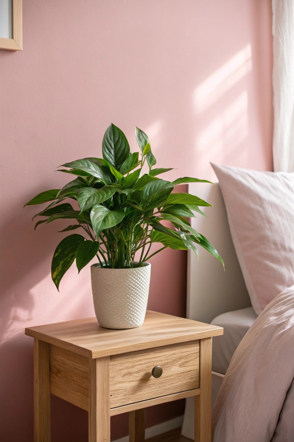 A touch of greenery brings natural elegance to a pink bedroom.