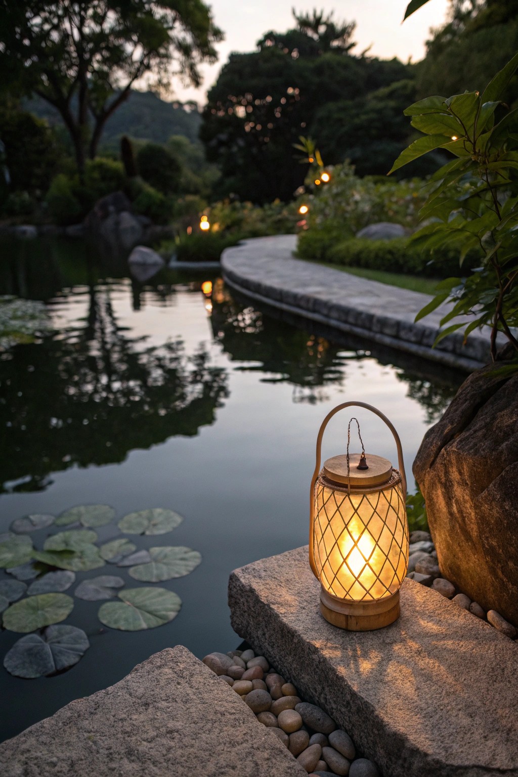 Enchant your evenings with a handcrafted lantern glowing by the pond.