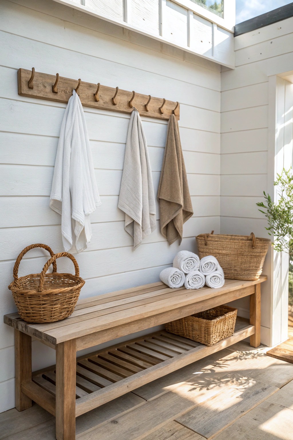 Effortless chic: a serene changing room that blends simplicity with thoughtful, handcrafted details.