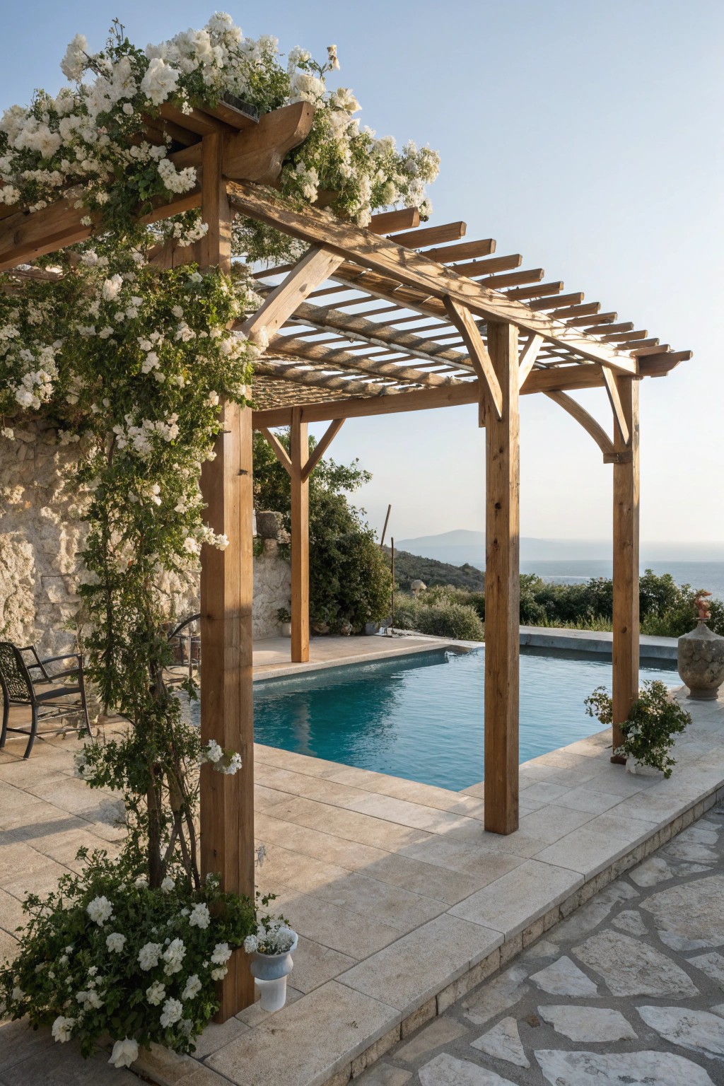 Natural wood pergola with blooming jasmine—your new favorite poolside retreat.