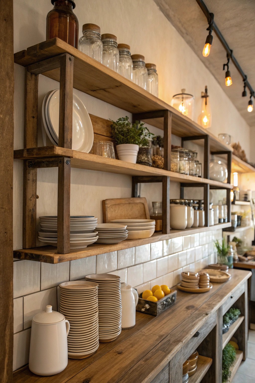 Open shelving showcases beloved kitchenware and adds visual warmth.