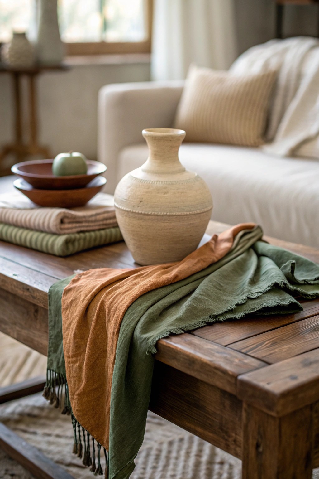 Layer earthy hues for a serene, rustic living room vibe.