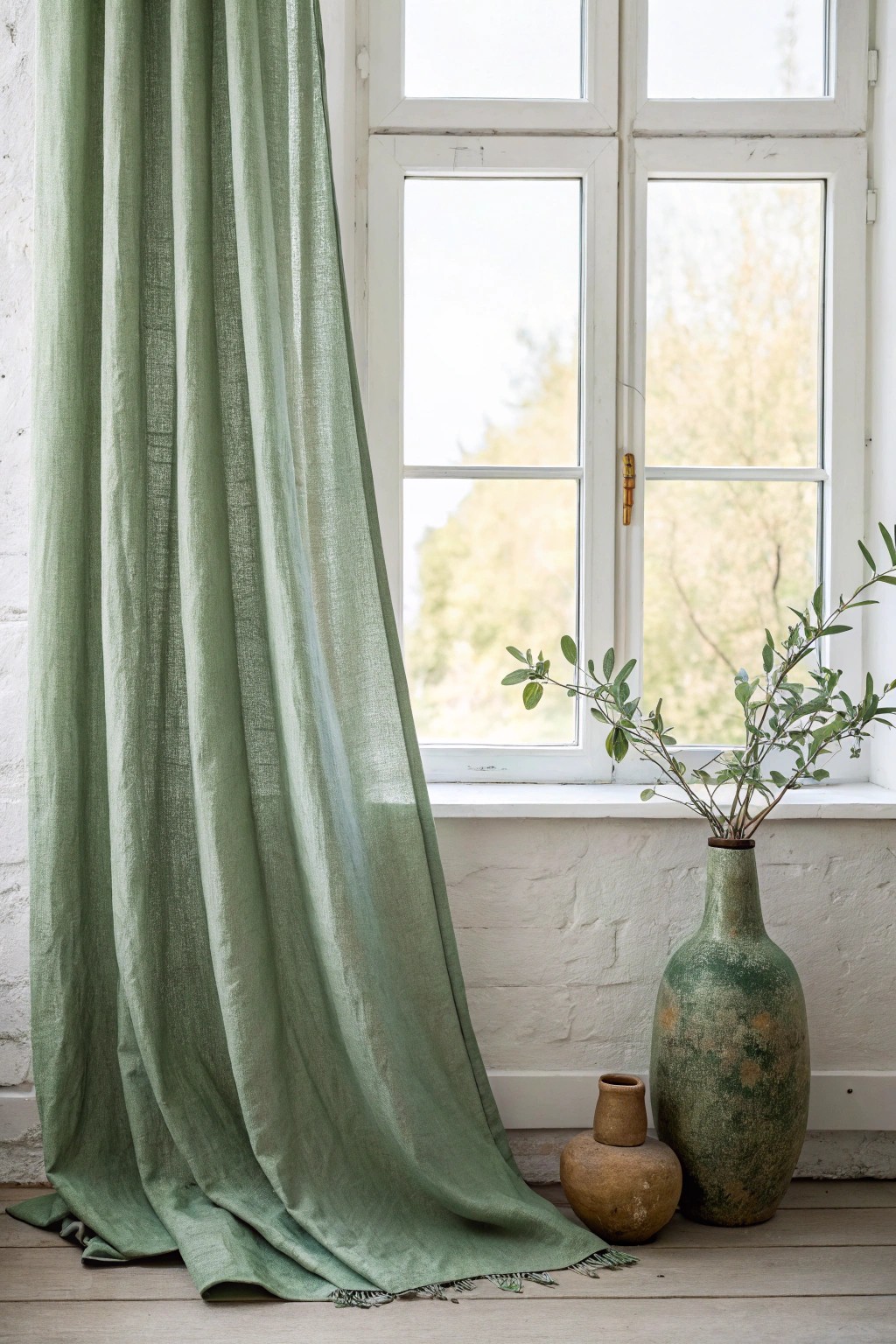 Let sunlight filter through sage green linen for a serene, handcrafted touch.