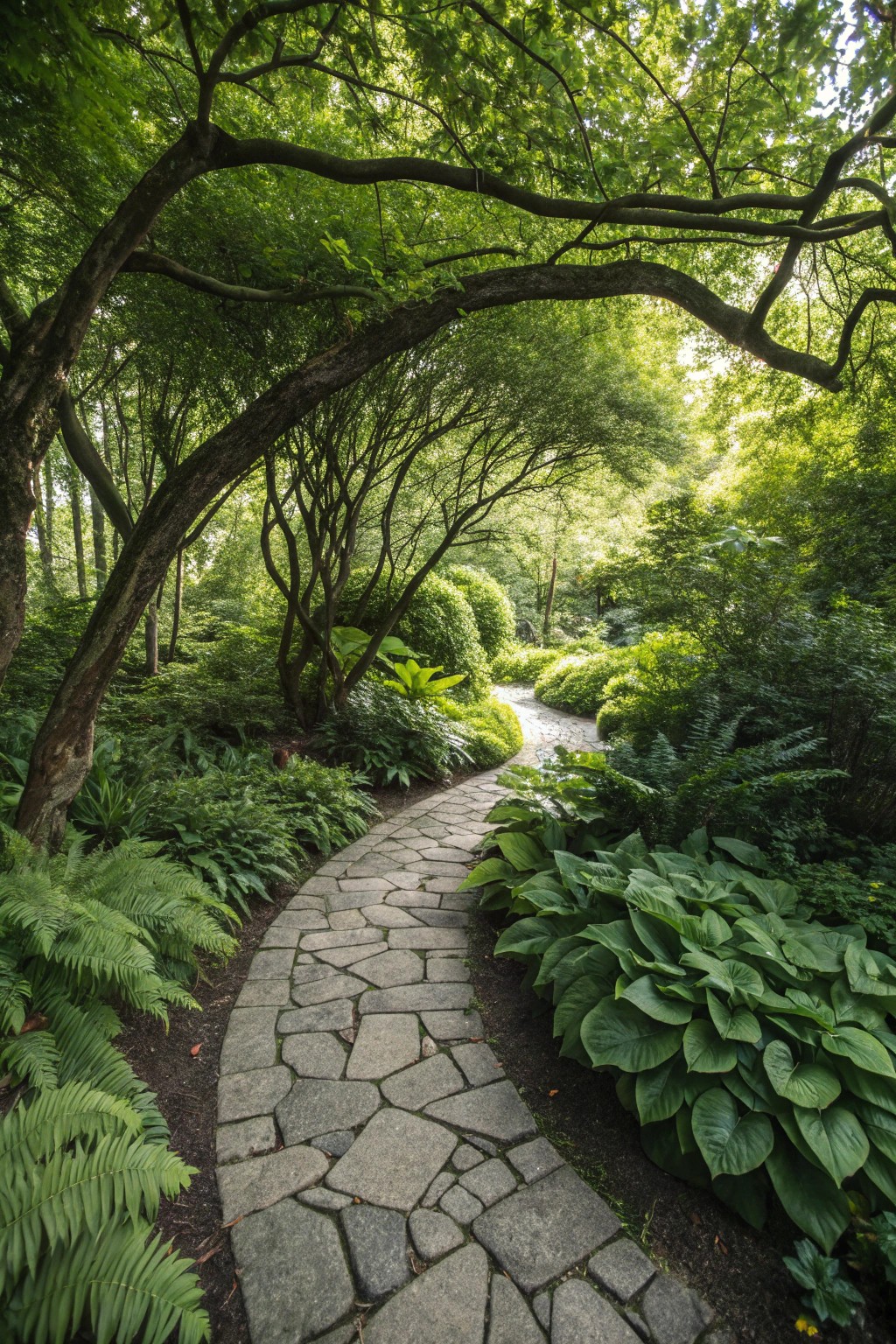 A winding path draws you into the heart of a tranquil shade garden.