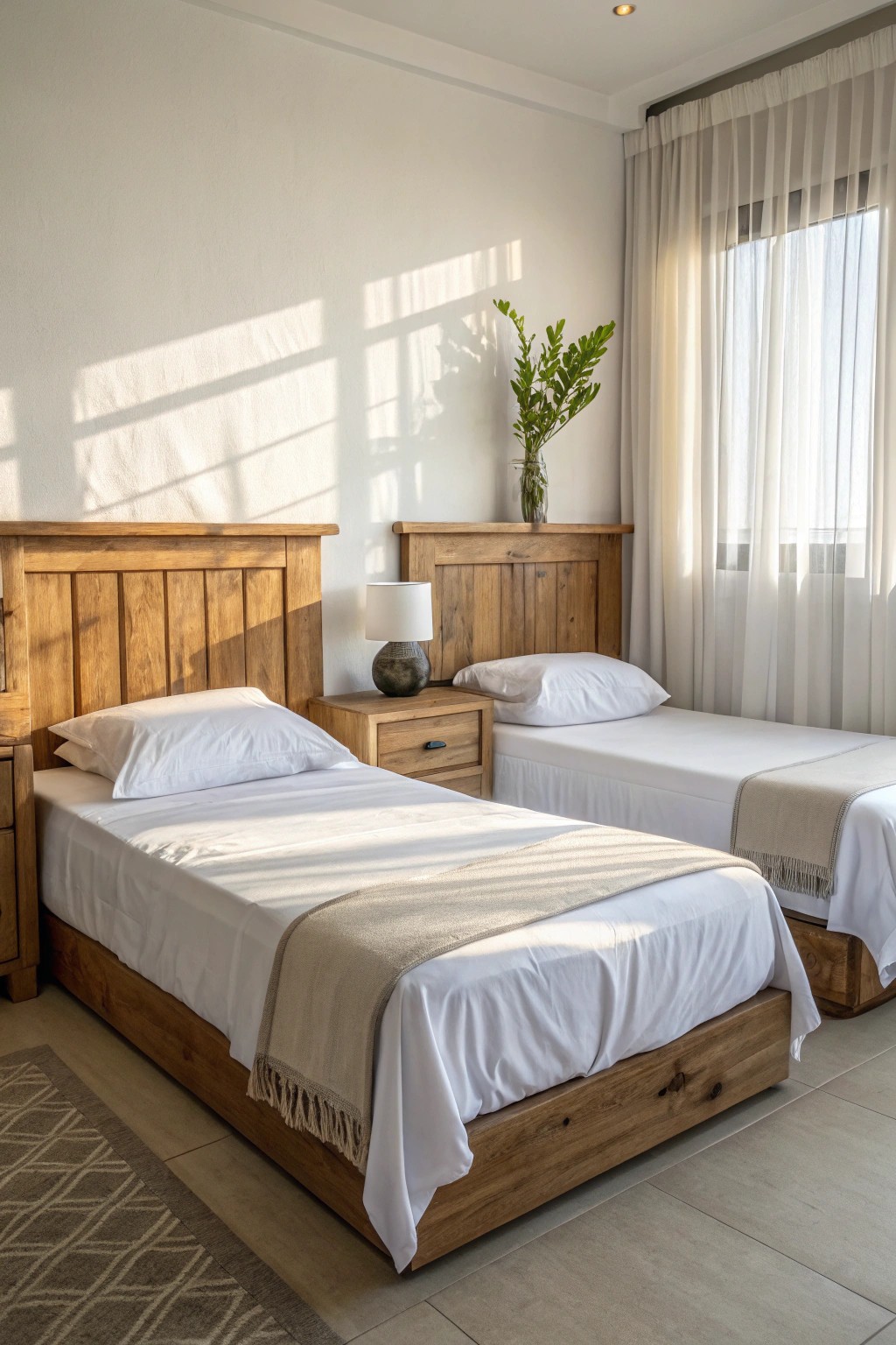 A clever head-to-head bed layout with a custom storage headboard—perfect harmony for small shared rooms.