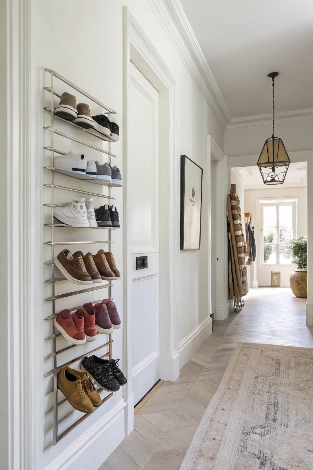 A wall-mounted rack transforms shoes into decorative wall accents.