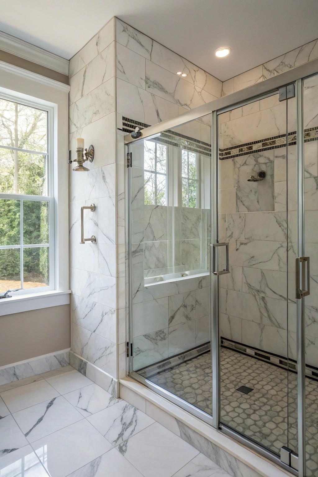 Marble walls bring timeless luxury and a soothing spa atmosphere to your shower.