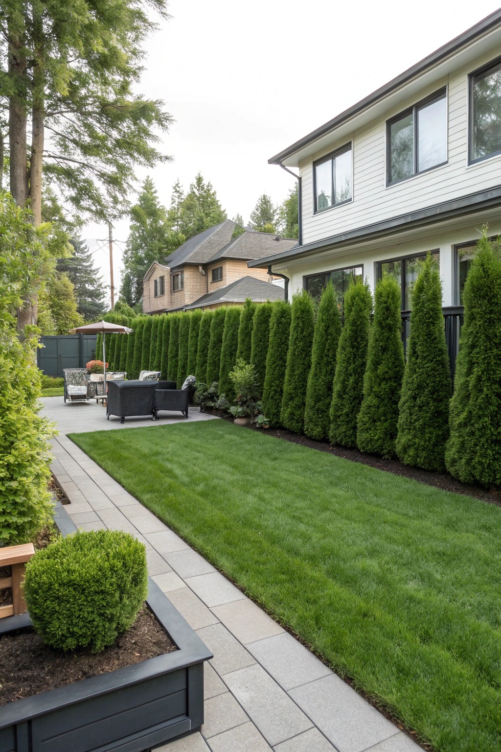 Evergreen hedges offer privacy and greenery throughout the seasons.