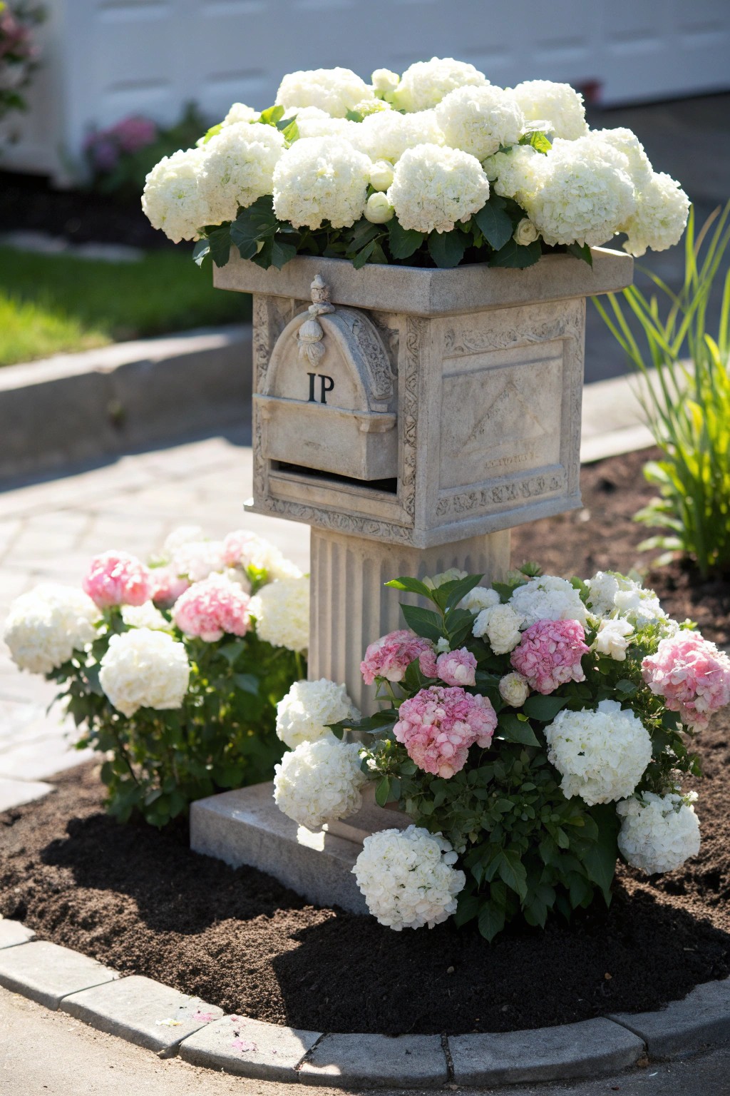 Elegant symmetry: A timeless flower bed transforms your front yard with simple, natural beauty.
