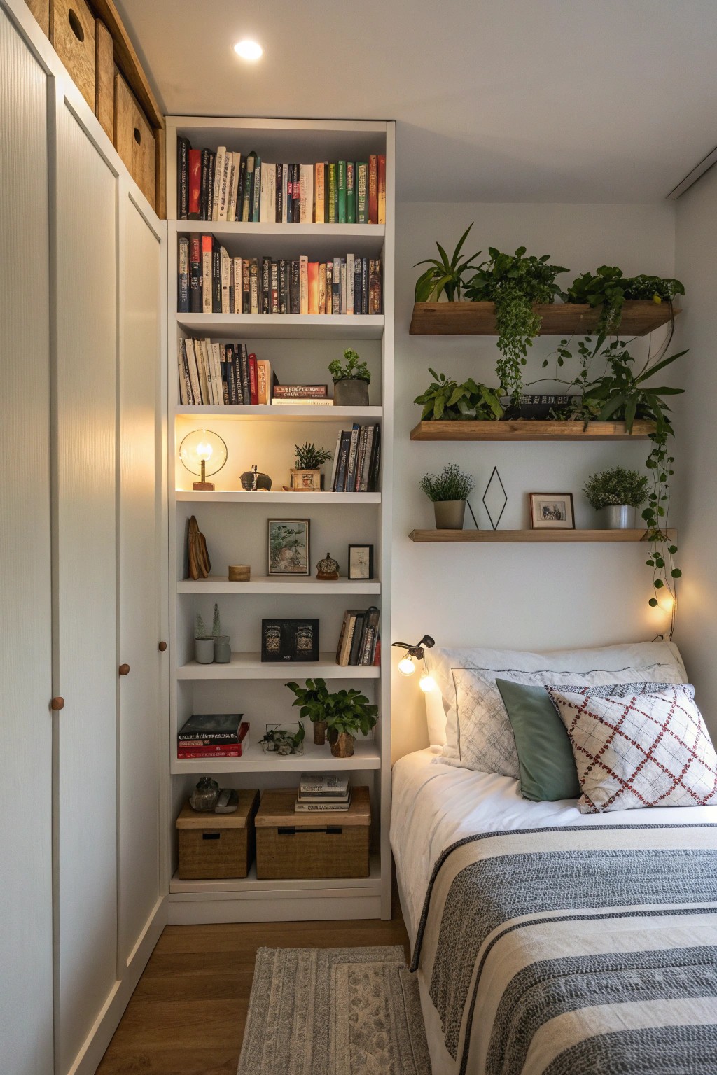 Vertical storage maximizes space and adds character to small bedrooms.