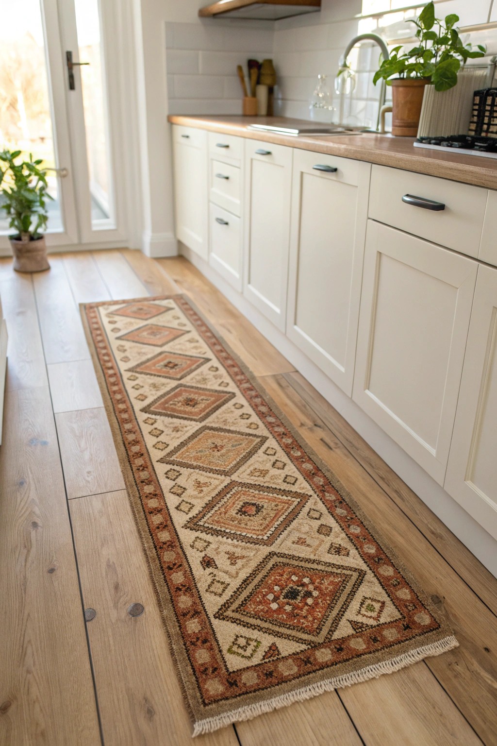 A vibrant patterned runner brings cozy warmth and personality to a small galley kitchen.