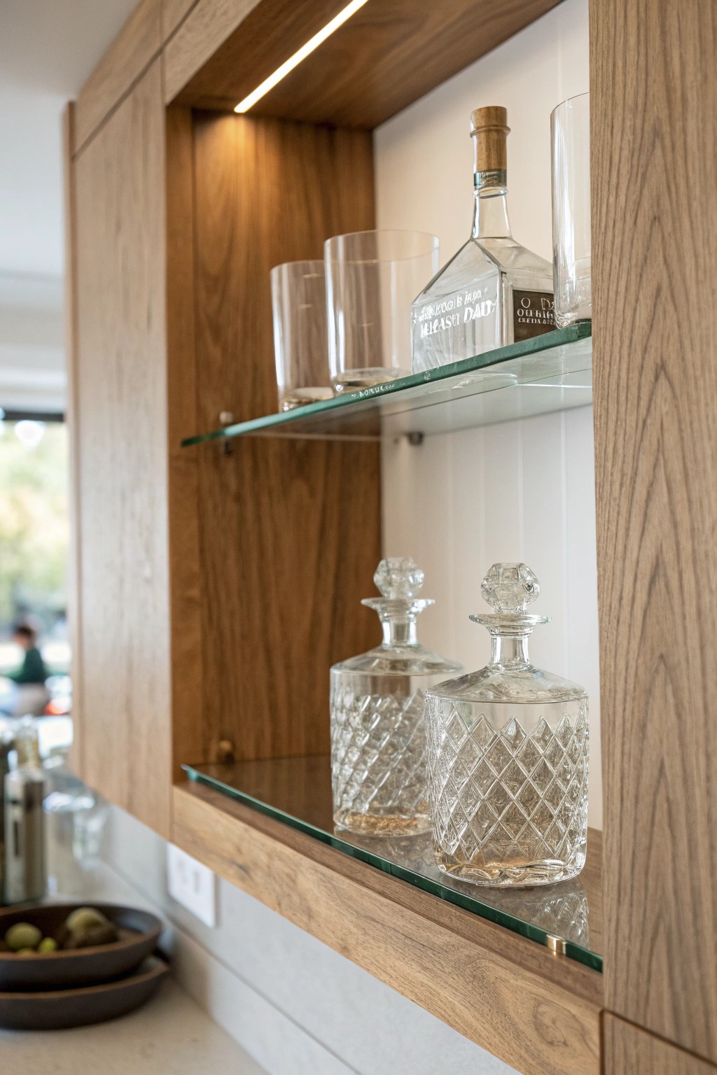 Elevate your space: custom glass shelving meets artful bar display.