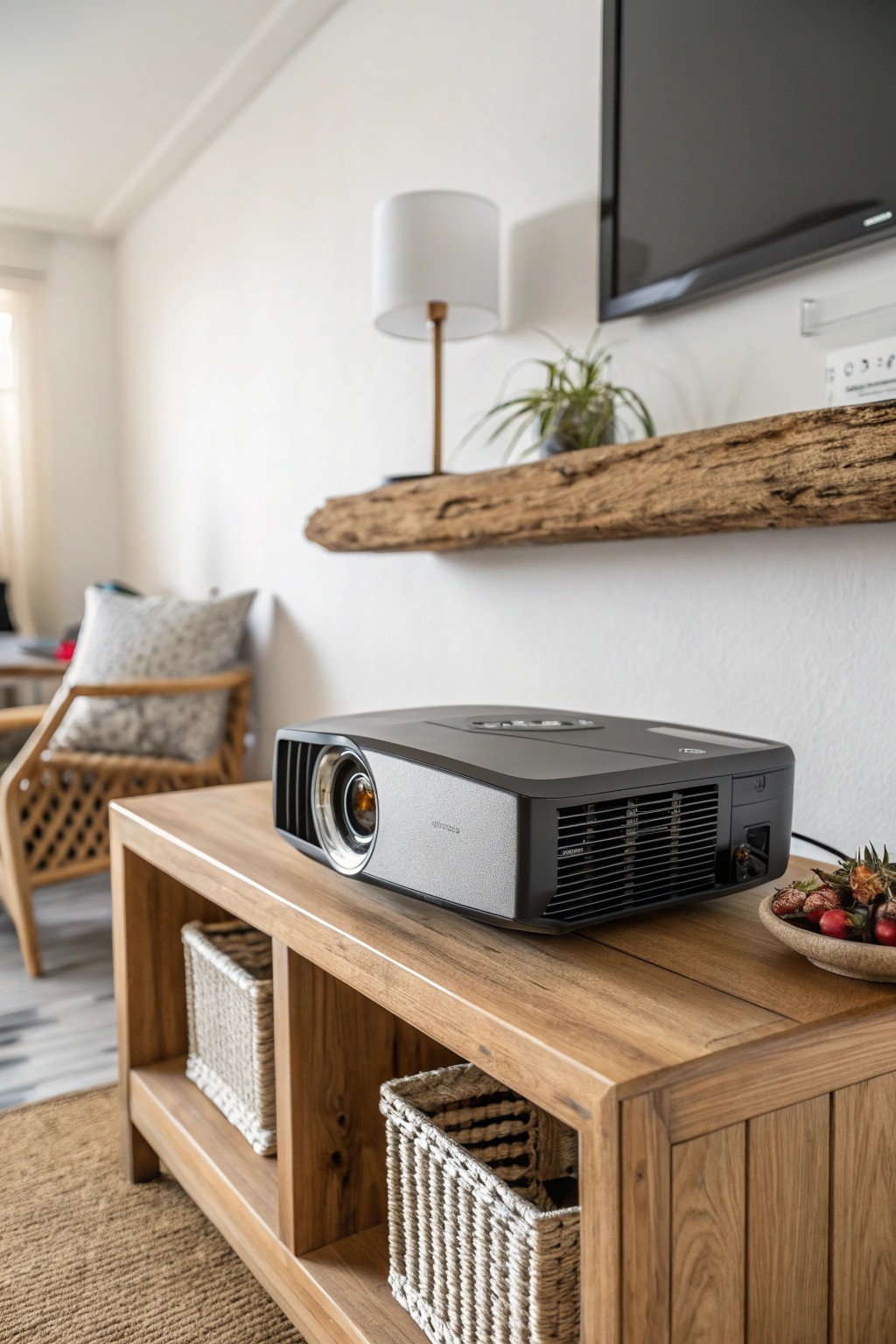 A beautifully crafted space, where a short-throw projector brings big-screen magic to small rooms.